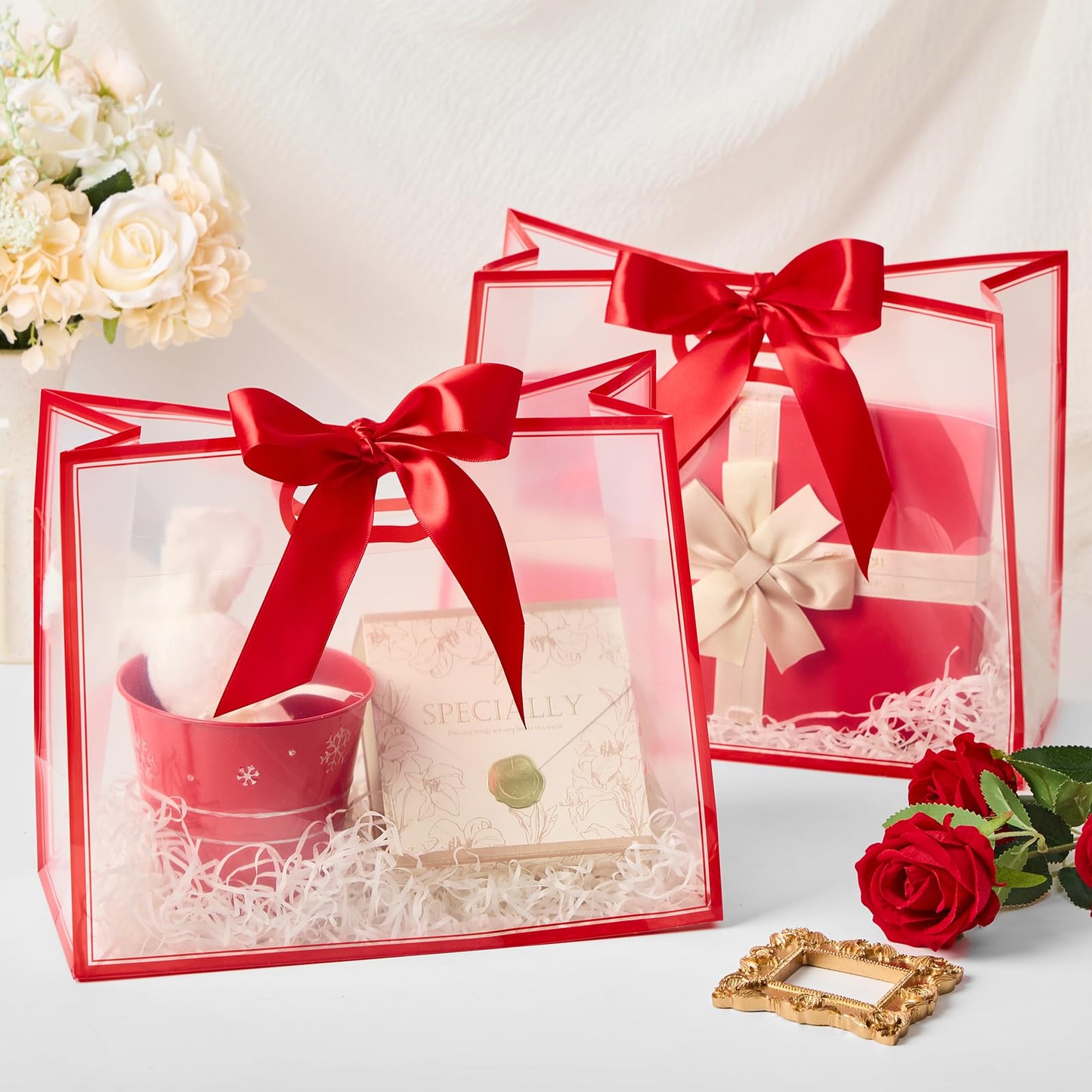 Ohuimrt Clear Plastic Gift Bags with Handles, 12 Pack, Red
