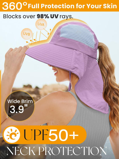 Sun Hats for Women UV Protection Wide Brim Beach Hats with Ponytail Hole with Neck Flap Waterproof for Hiking Fishing Gardening Travel Dark Purple