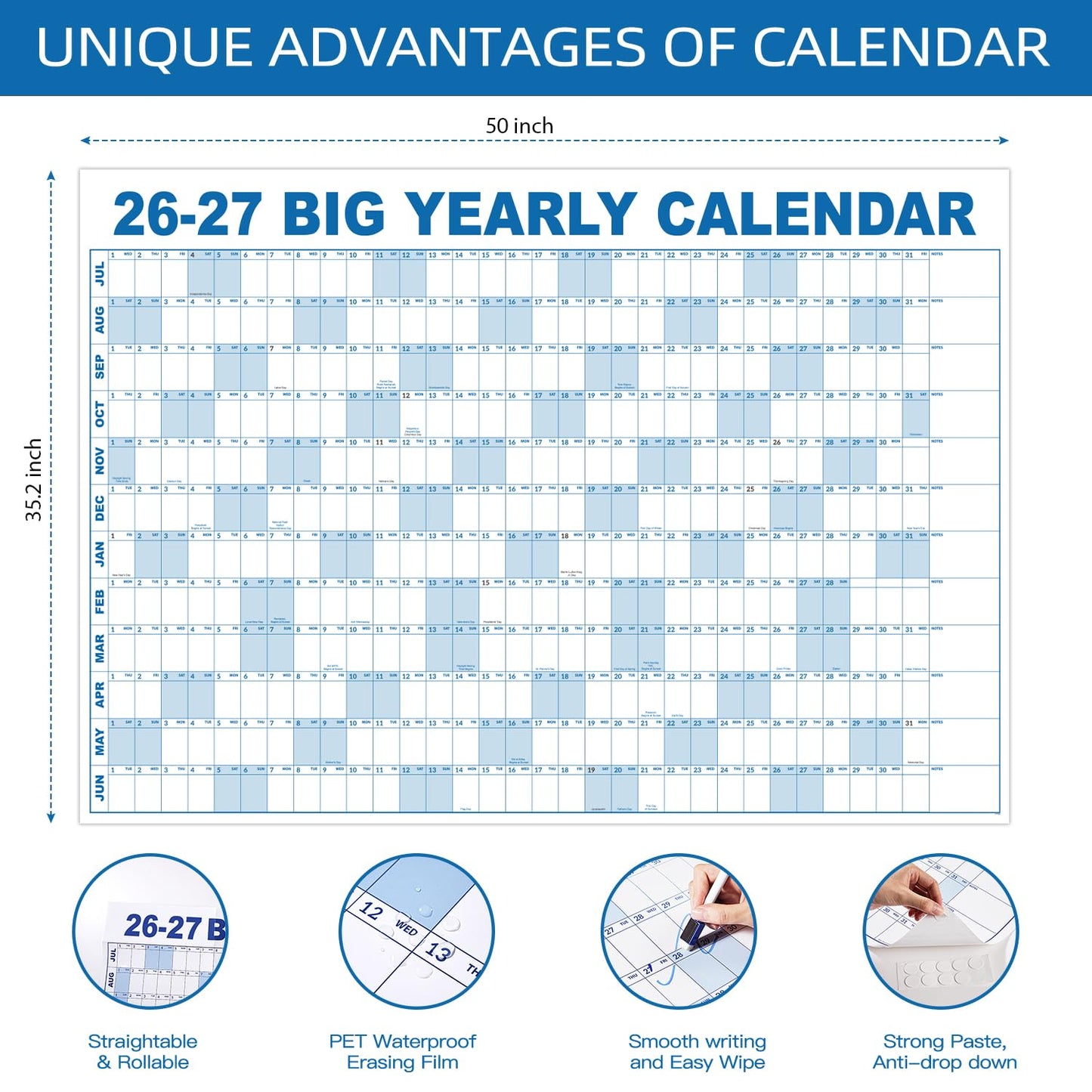 2026-2027 Dry Erase Wall Calendar - July 2026- June 2027, 35.2" x 50", Extra Large Yearly Wall Calendar 2026-2027, 12-Month Note Section & 365 Daily Block, 10 Round Stickers, Perfect for Home, Office and School