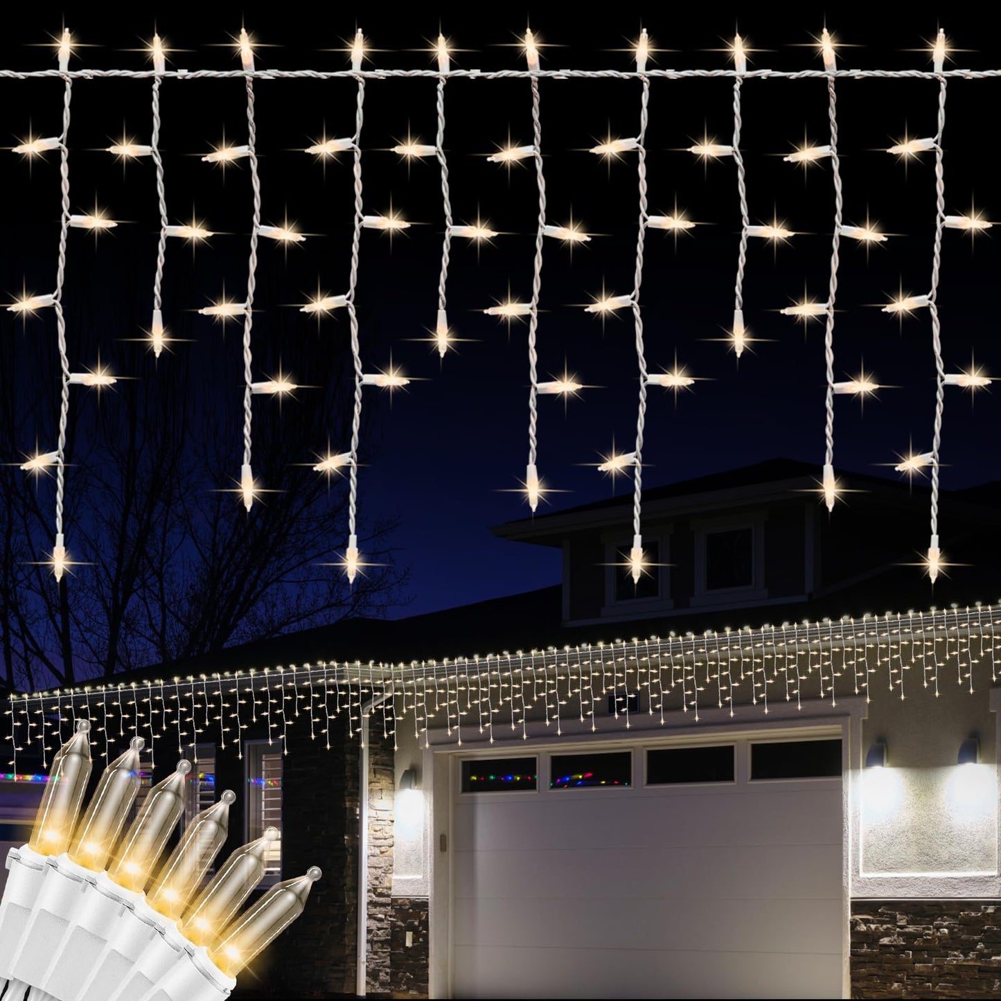 LAMPHOME 6.2FT 100 Clear Icicle Lights, White Wire, Indoor/Outdoor Christmas Holiday Lights