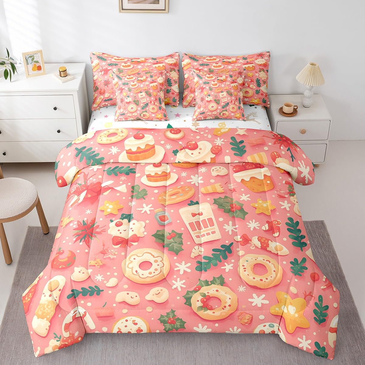 Manfei Xmas Donut 7 Pieces Comforter Set Full,Cute Cookies Desert Theme Bedding Set for Bedroom Decor,Merry Christmas（Comforter+Fitted+Flat Sheet+2 Pillowcases+2 Throw Pillow Covers）