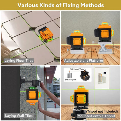 Laser Level Self-Leveling 4 x 360° - 4D Green Cross Bright Line Laser 100ft Range - Lazer Leveler Tool for Drop Ceiling, Picture Hanging, Tile Installation, Indoor DIY & Construction