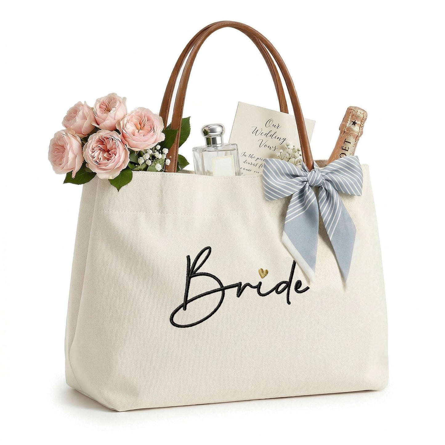 Ugiftcorner Bridal Shower Gifts for Bride Tote Bag, Embroidered Canvas Wedding Essential Bag with Leather Handle & Pocket, Bride to be Gifts, Bachelorette Honeymoon Beach Bag