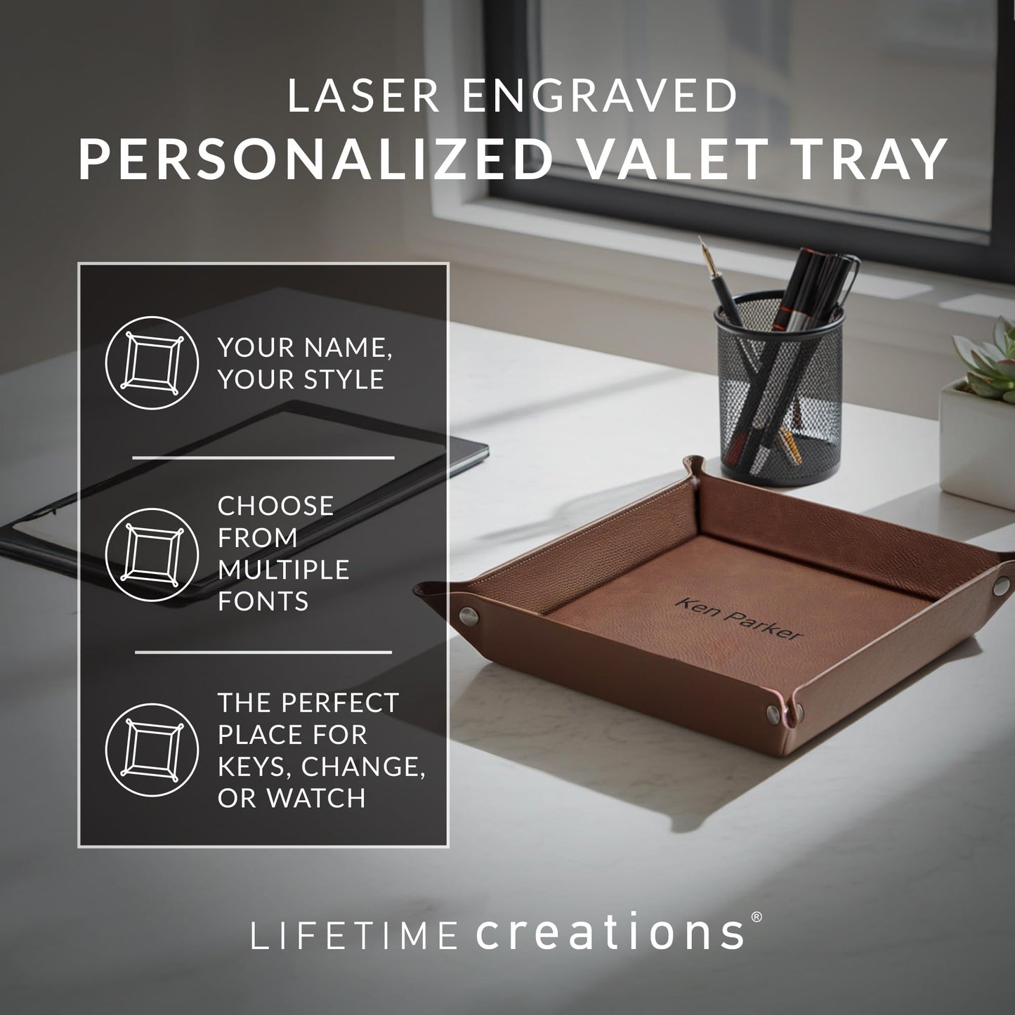 Lifetime Creations Personalized Valet Tray (Brown) - Custom Engraved Vegan Leather Snap Catchall, Gifts for Groomsmen