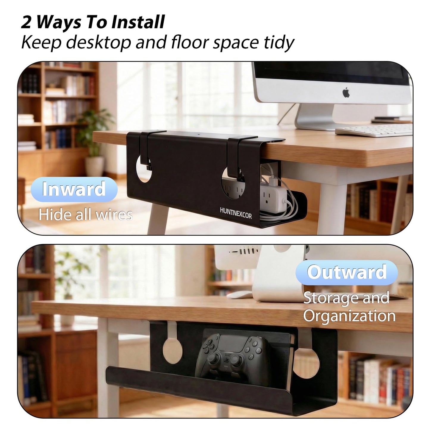 No Drill Under Desk Cable Management Tray with Clamp, Home/Office Desk Cord Organizer and Accessories Storage Shelf, 17'' Metal Cable Organizer for Standing/Gaming Desk, Office Supplies, Black 2 Set