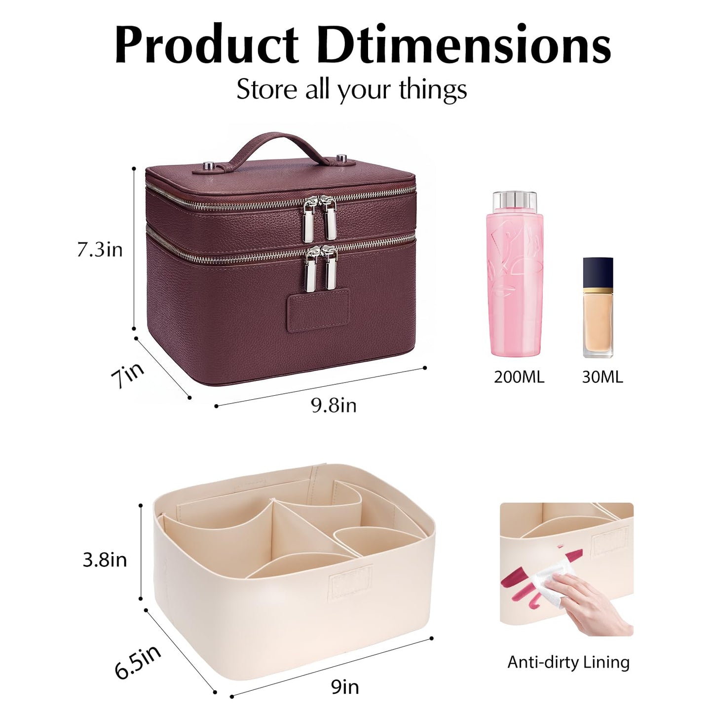 idoltimes Makeup Case, Large Capacity Leather Makeup Bag for Women,Large Capacity Waterproof Double Leather Cosmetic Case,Removable Compartment Travel Organizer