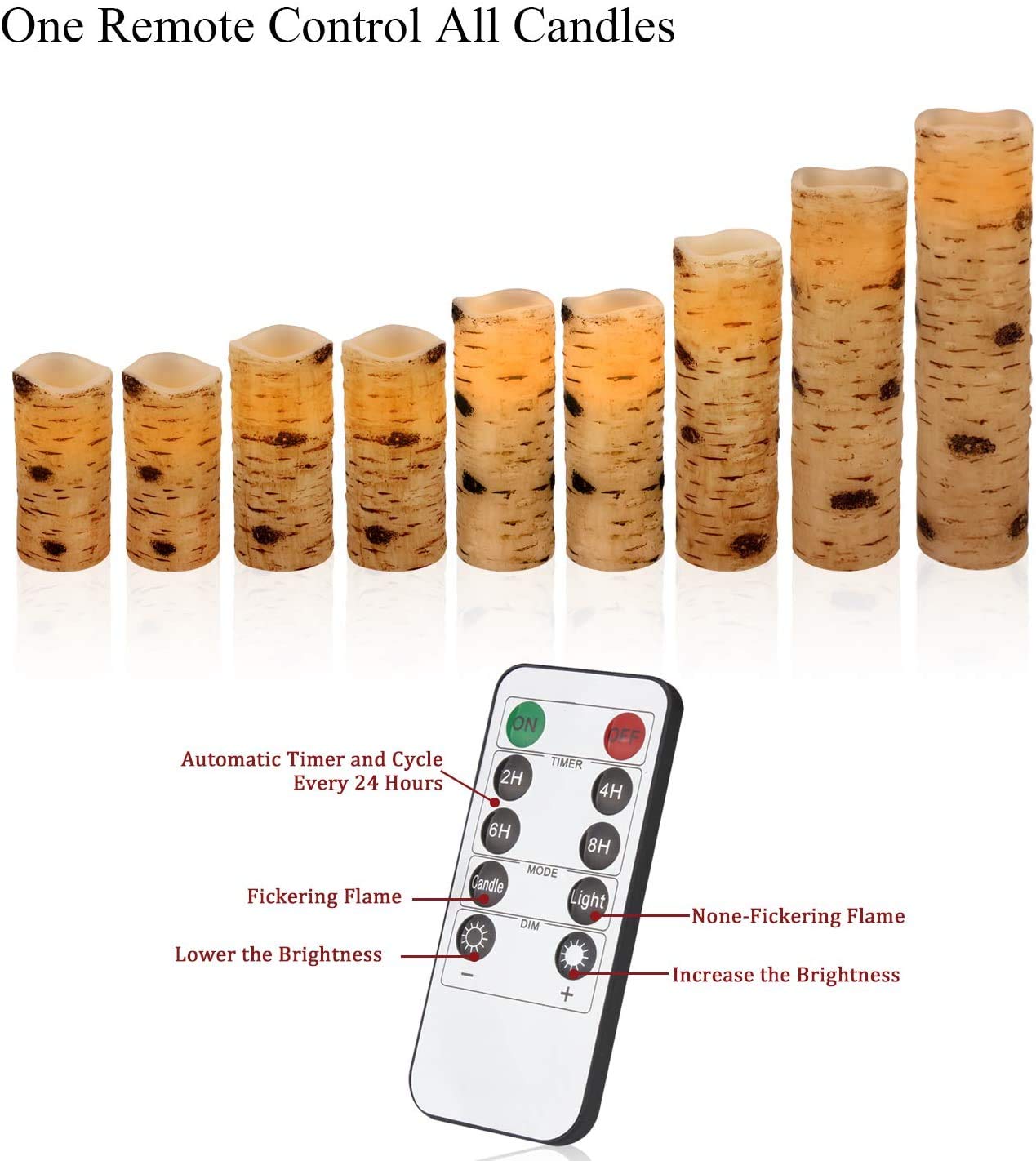 Enpornk Flameless Flickering LED Candles with Birch Bark Effect - Set of 9 Battery-Operated Real Wax Pillar with 10-Key Remote Control - 2/4/6/8 Hour Timer