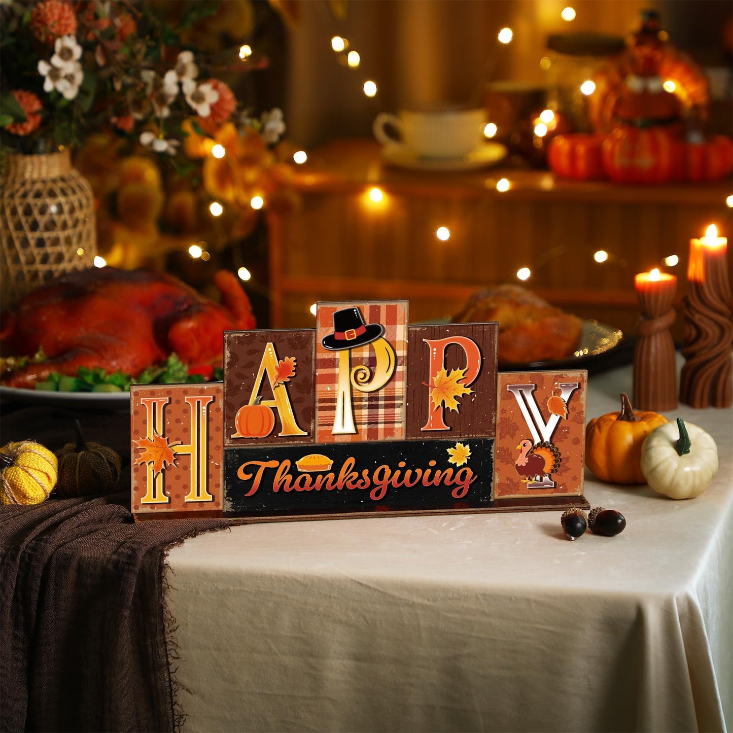 Amyhill Fall Decoration for Home Reversible Thanksgiving Table Decor Fall Tiered Tray Decor Thanks Giving Centerpiece Decorative Turkey Pumpkin Block Sign Gift Farmhouse for Home Kitchen