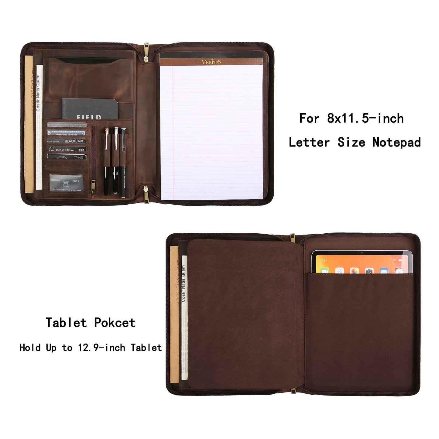 Handmade Genuine Leather Portfolio Organizer for IPad/Document, Business Padfolio with A4 Leather Notepad Holder, Leather Compact Folder Conference Portfolio for Men and Women, Dark Khaki