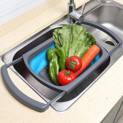 Qimh Colander collapsible, Colander Strainer Over The Sink Vegetable Fruit Strainer Basket (6 Quart) with Extendable Handles, New Kitchen Essentials