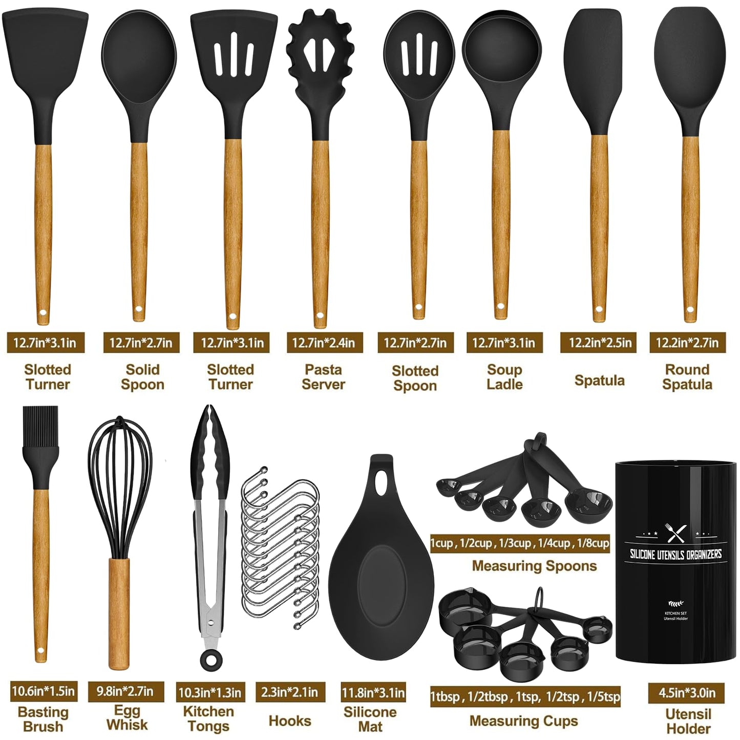 Umite Chef Kitchen Cooking Utensils Set, 33 pcs Non-Stick Silicone Cooking Kitchen Spatula Set with Holder, Wooden Handle Silicone Kitchen Gadgets Utensil Set (Black)