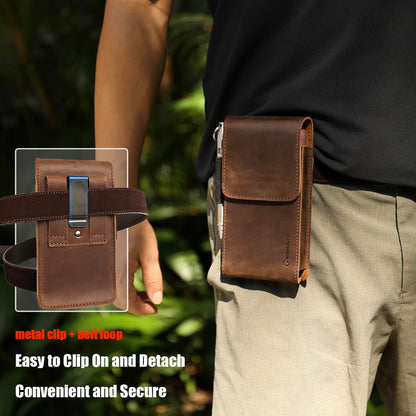 Gentlestache Leather Phone Holster for iPhone 16 Pro, 15 Pro, 14 Pro - Cell Phone Case for Galaxy S25, S24, S23 - Belt Clip Phone Pouch - Fits with Thick Case, Darkbrown-L