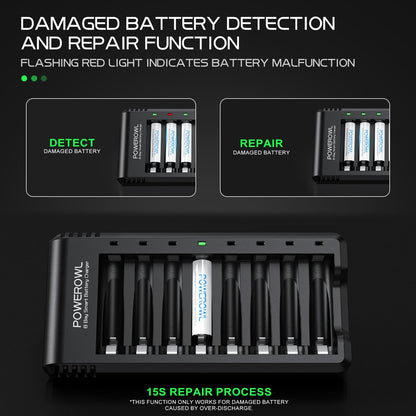 POWEROWL 8 Bay AA AAA Battery Charger, USB High-Speed Charging, Independent Slot, for Ni-MH Ni-CD Rechargeable Batteries, No Adapter