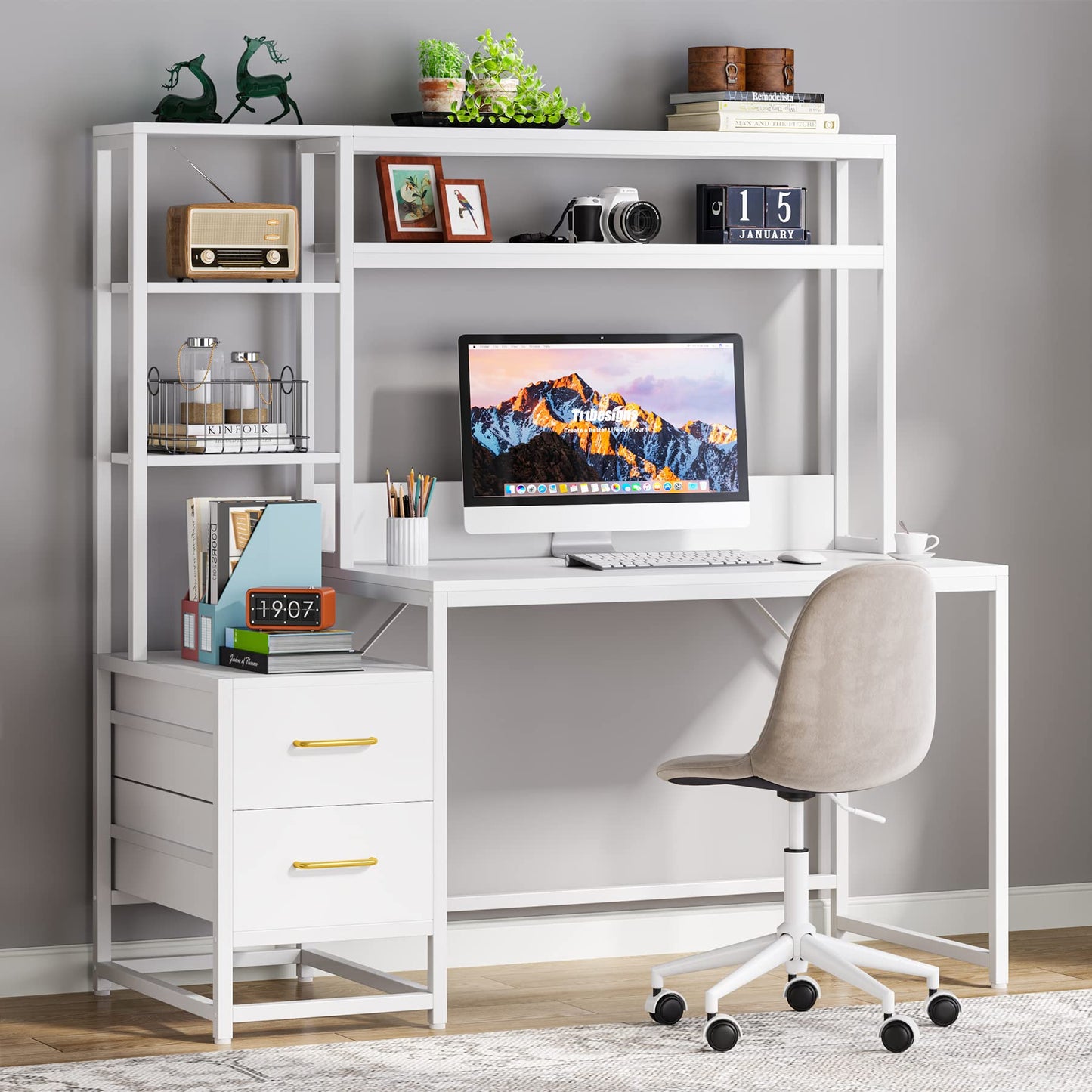Tribesigns 55 Inch Computer Desk with 2 Drawers and Storage Shelves, Rustic Office Desk with Hutch, Study Writing Gaming Table Laptop Workstation for Home Office (White)
