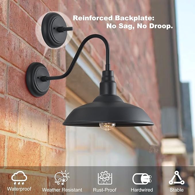 Gooseneck Barn Light with 14in Dome, 4 Pack Large Exterior Farmhouse Light with Wall Mount, Black Outdoor Wall Sconce for Porch Garage Door