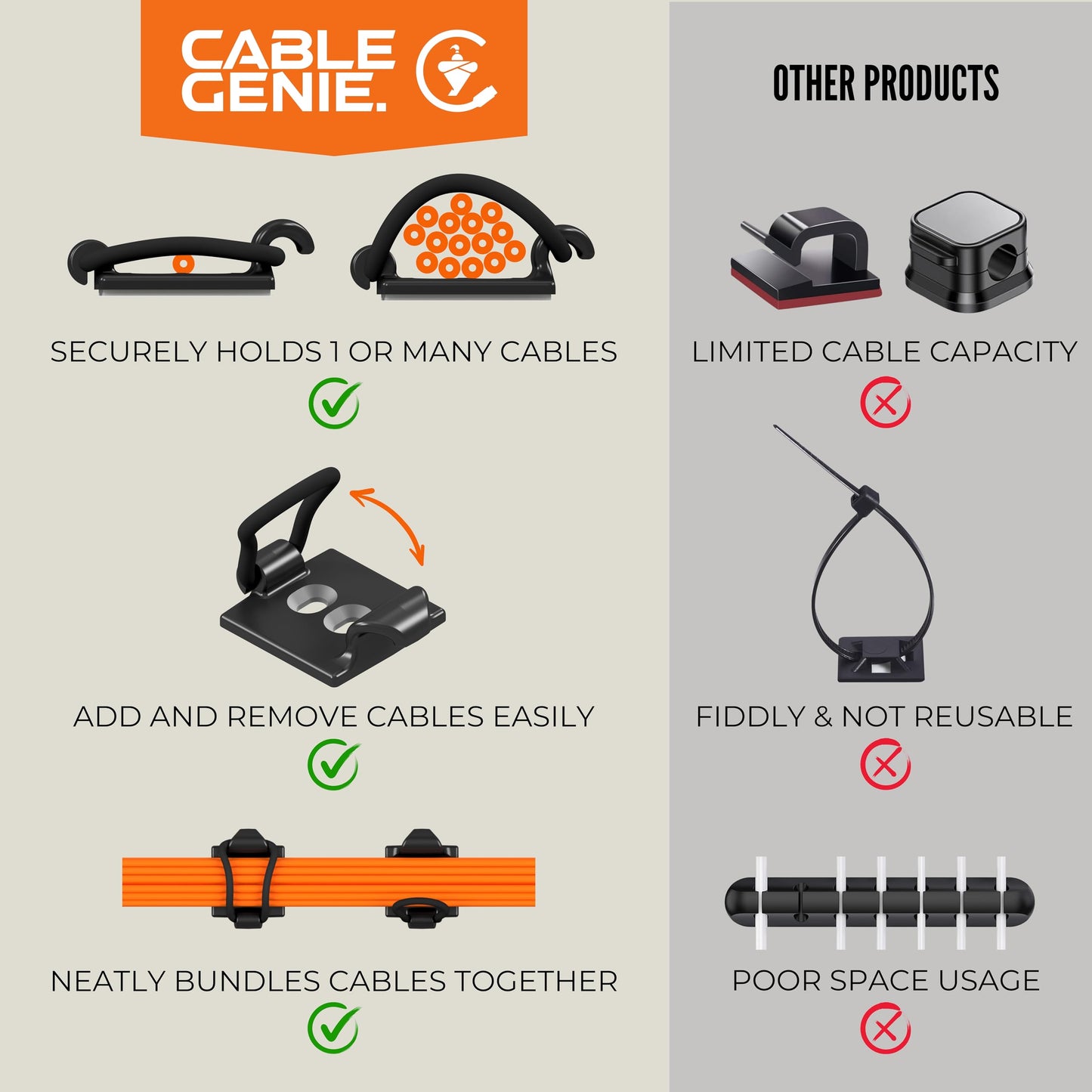 CableGenie [Made in the UK] 10-Pack Adjustable Elastic Adhesive Cable Clips, Wire Management Holder, Cord Organizer for Home Office, Under Desk, Behind TV, Phone Charger, Laptop, PC, HDMI, USB (BLACK)