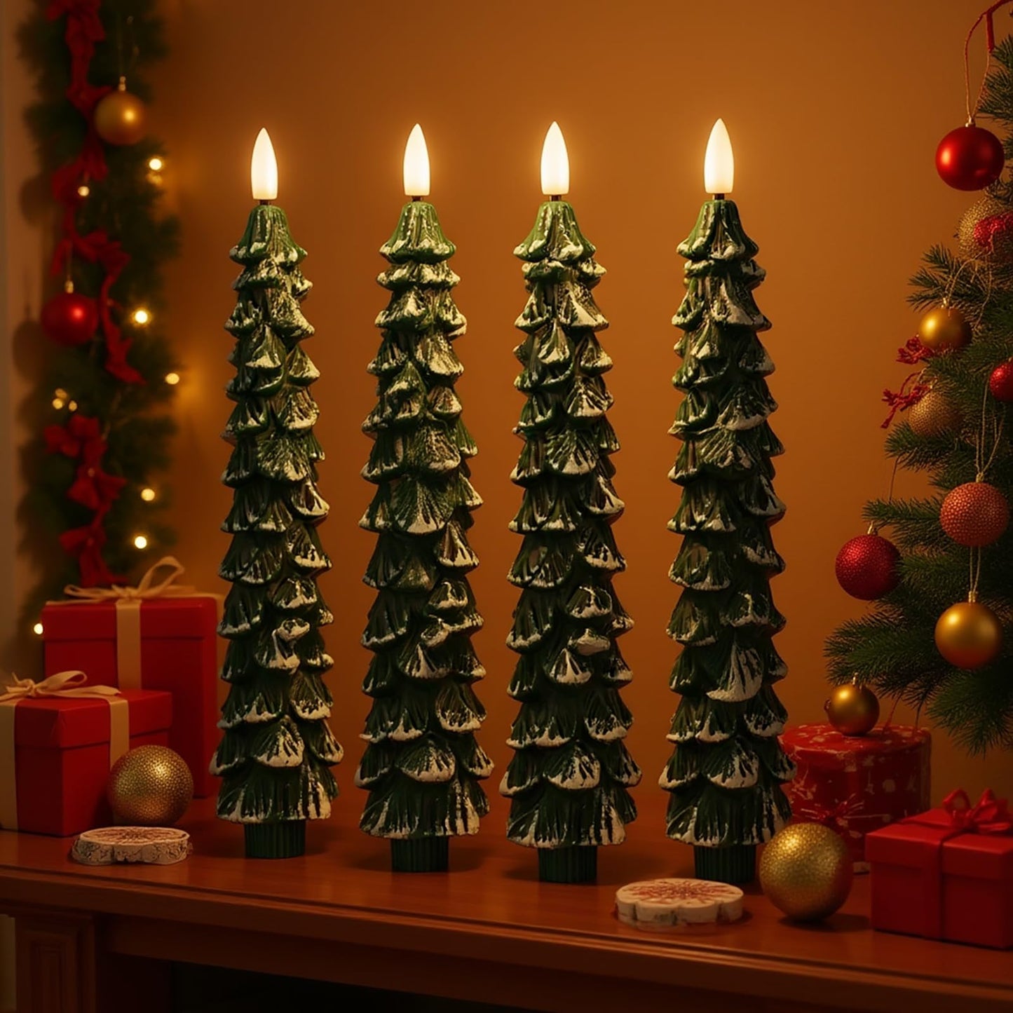 FYBW Christmas Tree Flameless Taper Candles with Remote Timer,4 Pcs Green LED Taper Candles with 3D Flame for Holiday Decorations (Snowy Green B)