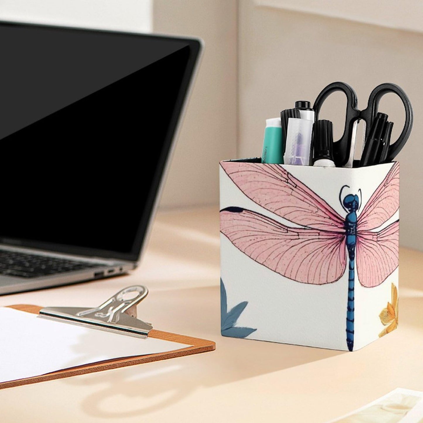 UTRSIFB Holder Cup Makeup Brush Storage Organizer, Waterproof Multifunctional Office Supplies, Pen Holder Square Leather Pencil Dragonfly