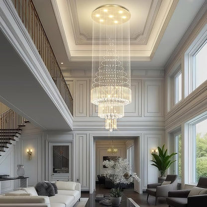 Flashing God D24''XH86'' Modern Foyer Chandelier for High Ceiling Raindrop Crystal Chandelier High Ceiling Pendant Light Fixture for Hallway Living Room (Gold Staircase Chandeliers)