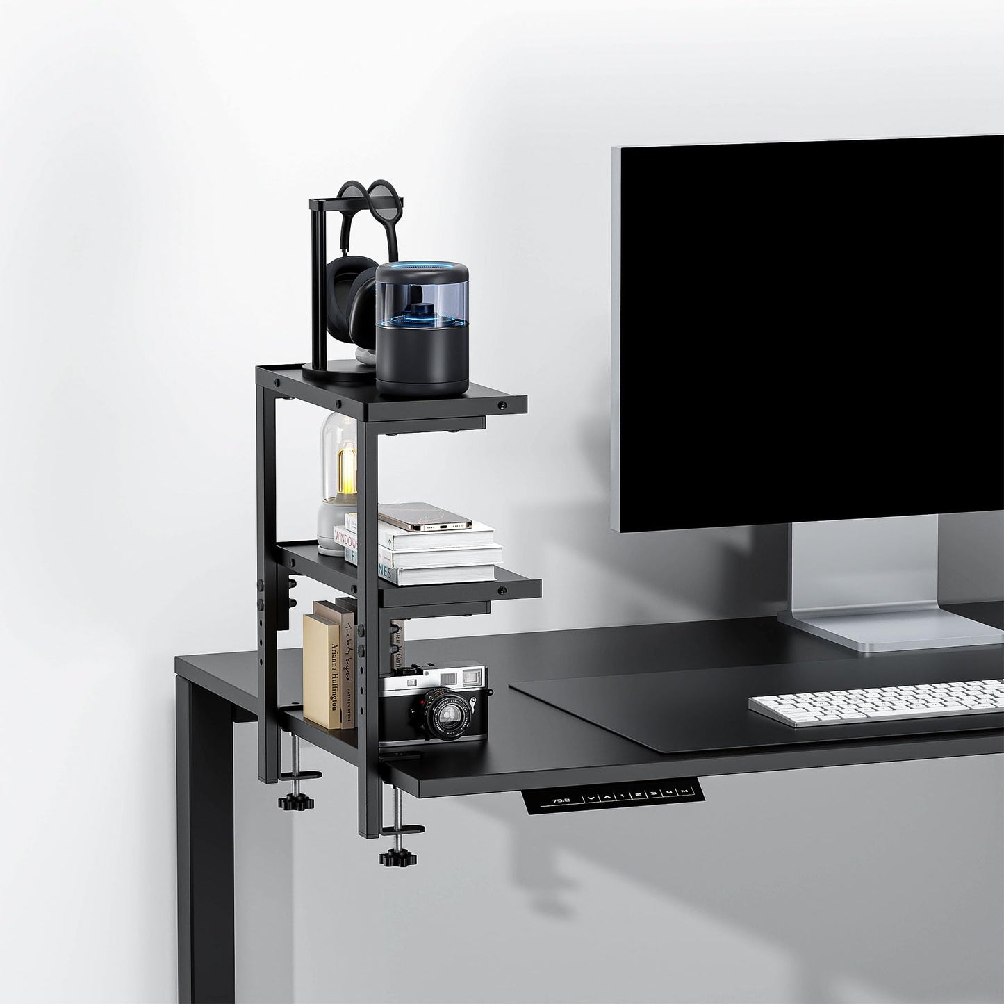 Spacrea clamp on Desk Shelf, 2 Tier Office Desk Shelves Organizer, Wood Desktop Supplies Storage Rack, Desk Organizers and Accessories (Black)