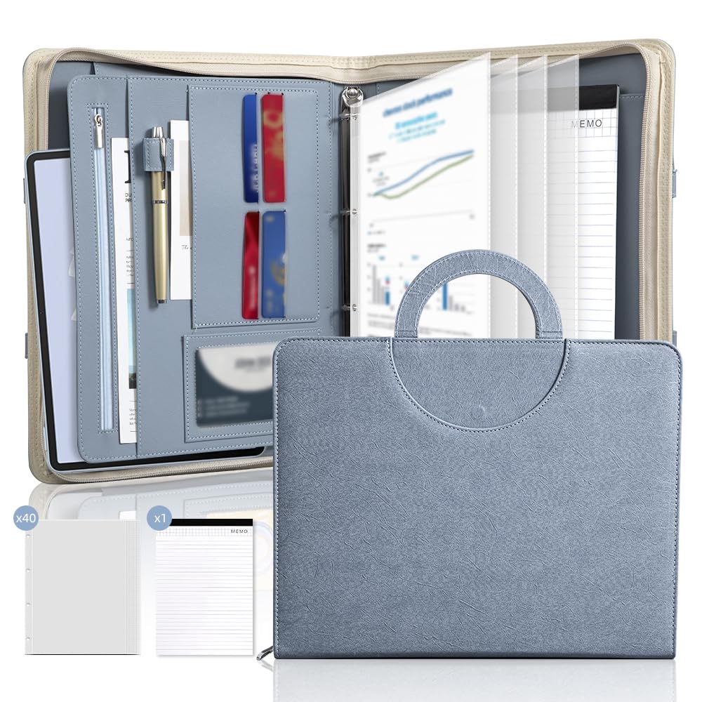 [BRAVE ELK] All-in-One Zippered Padfolio Business Portfolio, Textured Leather Portfolio Binder with 40 Transparent Sleeves, Tablet Holder & Writing Pad, Professional Document Organizer for Men & Women