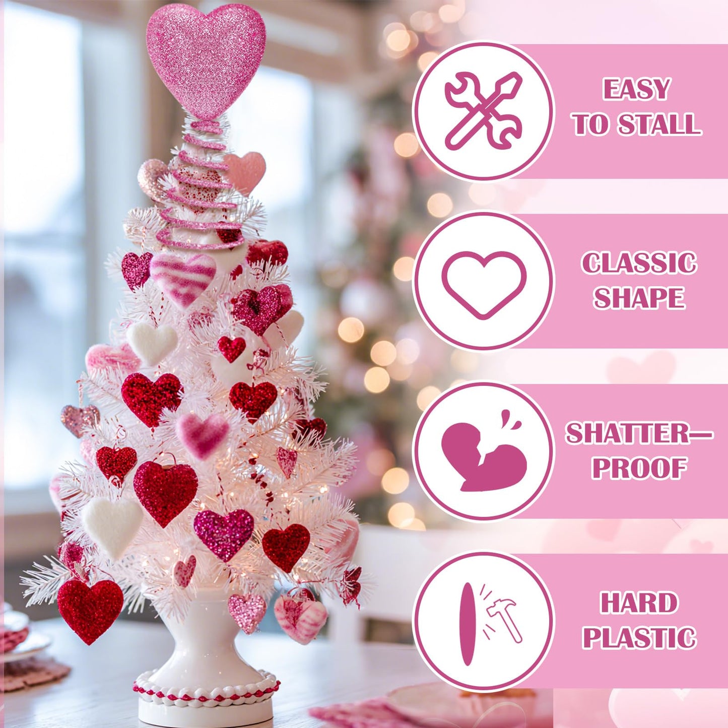 Gejoy Mini Valentine Christmas Tree Topper Pink Heart 6 Inch Miniature Glitter Heart Star Tree Topper for Valentine Home Decor Holiday