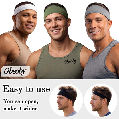 Obeoby 7 Pcs Headbands for Men, Soft Elastic Sports Sweatbands - Non Slip Moisture Wicking Bandanas Hair Band Head Wrap and Running Accessories for Gym Workout, Football, Yoga and Daily Athletic Use