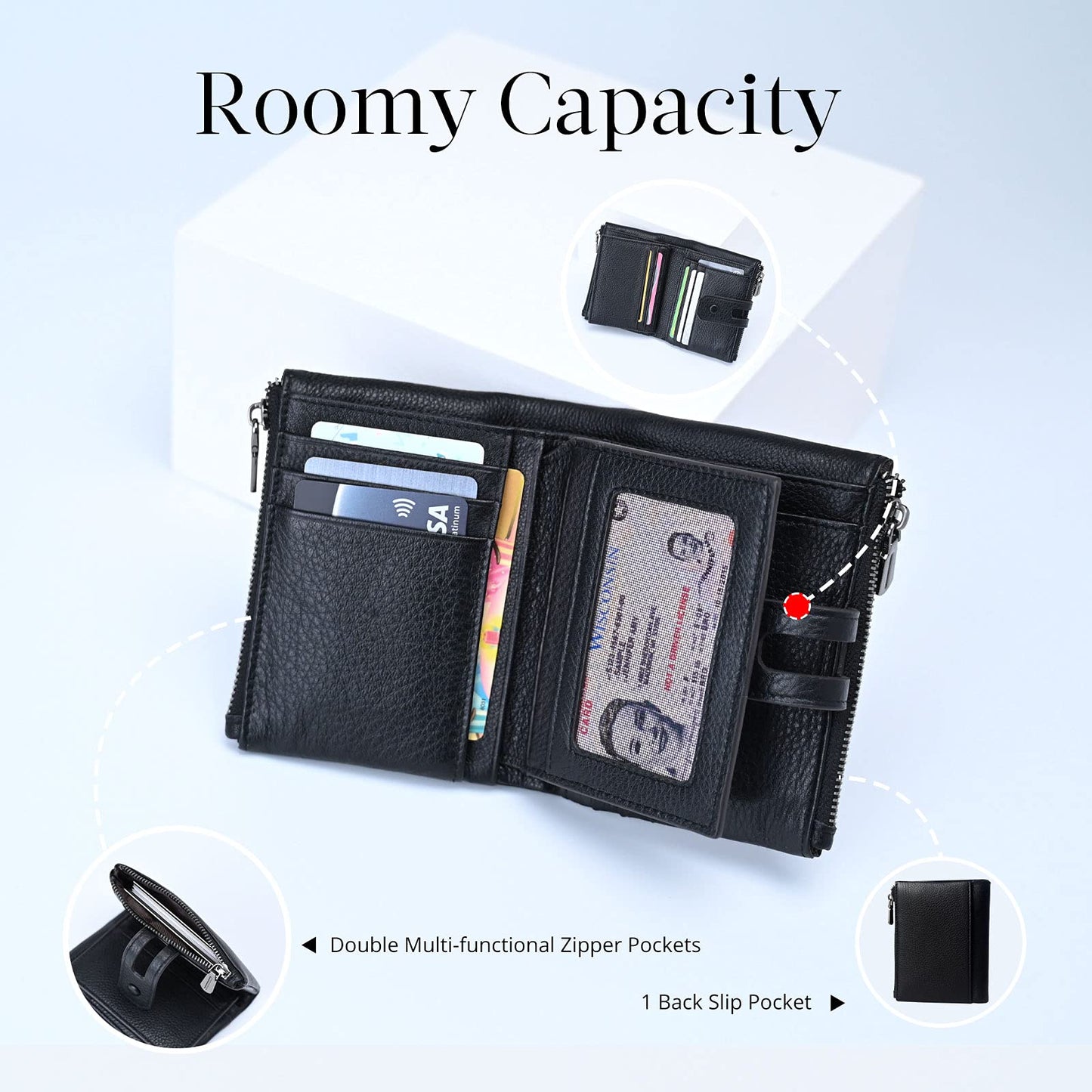 Bveyzi Small Soft Leather Wallet for Women RFID Blocking Ladies Card Holder with Double Zipper Pocket (Black)