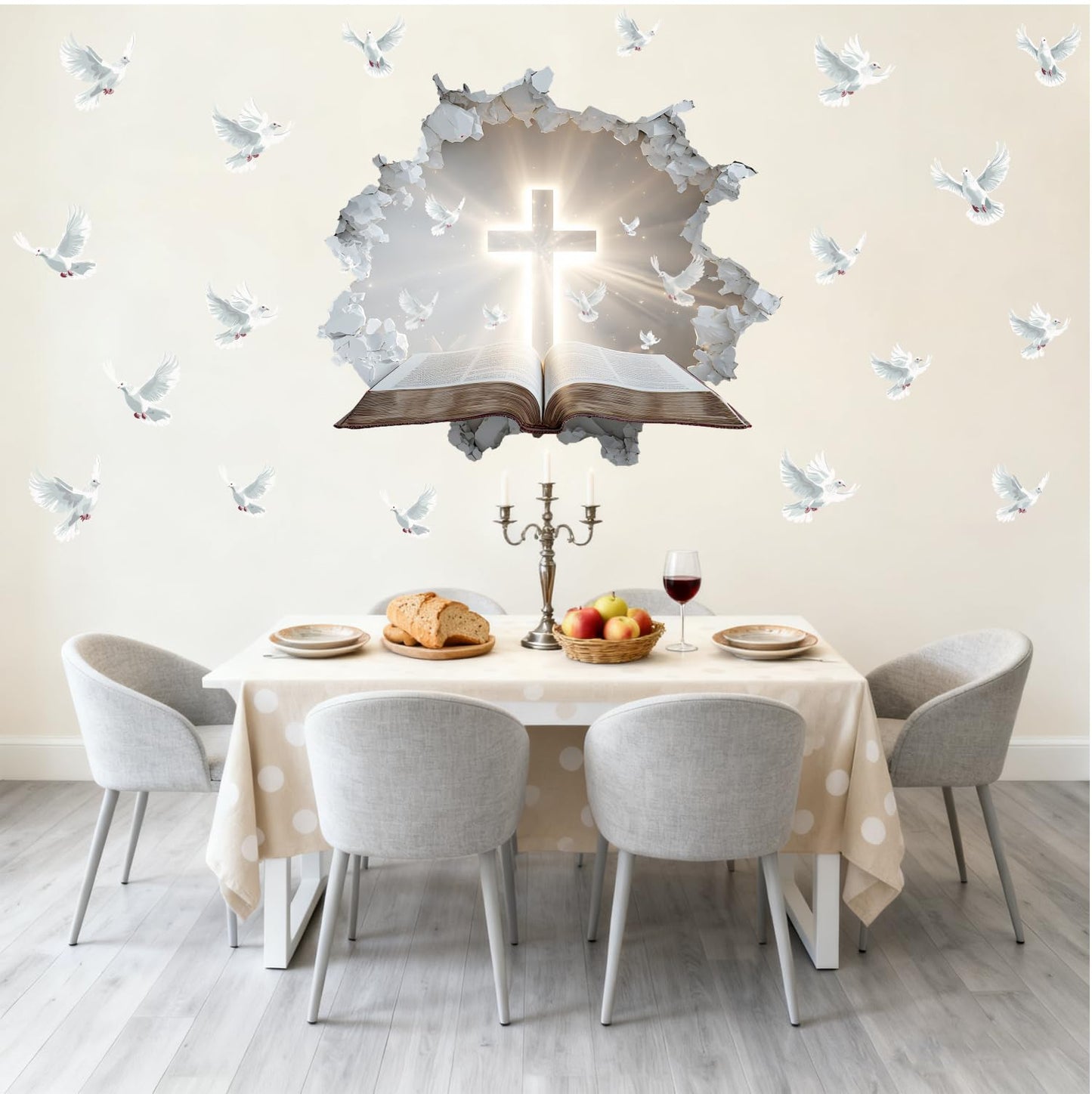 YIMEHDAN 3D Holy Cross Wall Decal, Bible and Pigeon Vinyl Wall Stickers, Removable Blessed Cross Artwork for Christian Religious Prayer Bedroom Living Room Christmas Decor