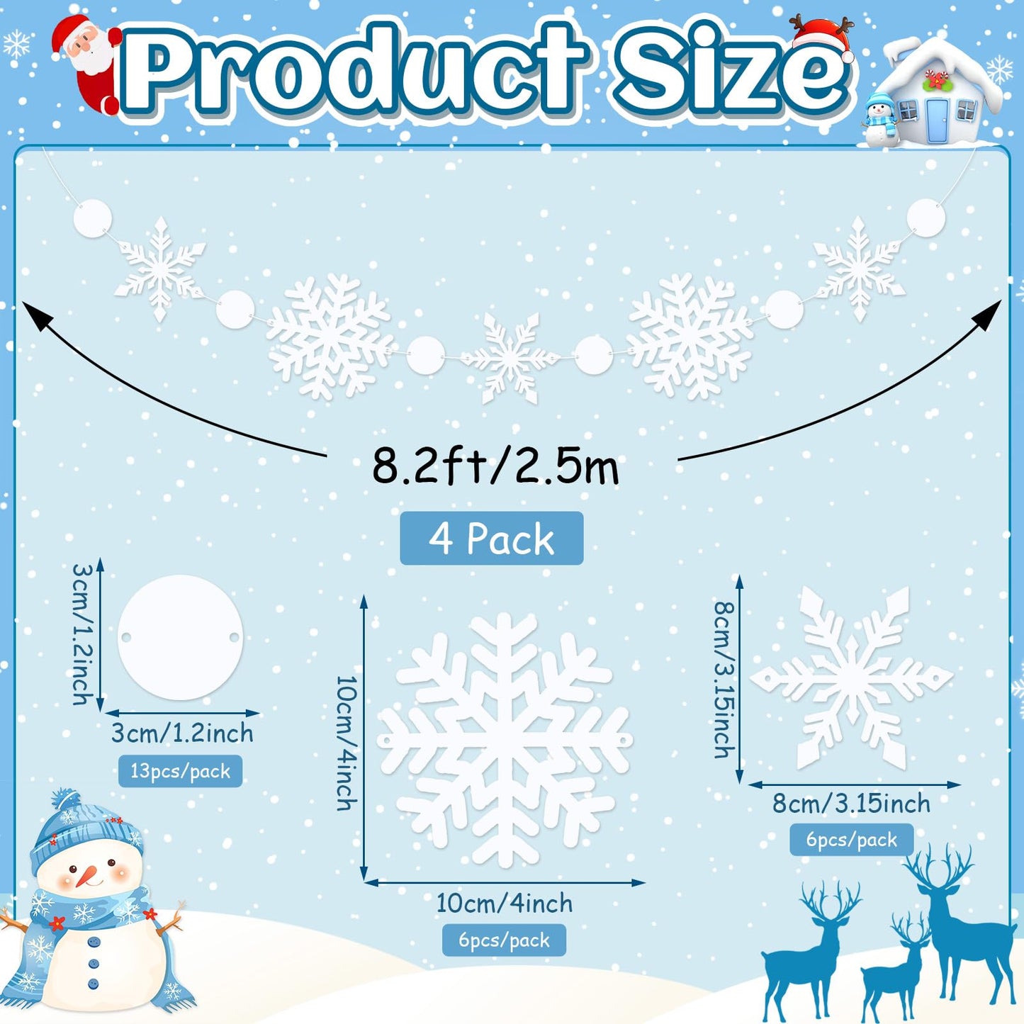 Jansun 4 Pack Winter Snowflake Felt Garlands, 32.8 Feet Christmas Tree Decorations White Snowflake Garland Ornaments for Winter Home Outdoor Party Hanging Decor Supplies