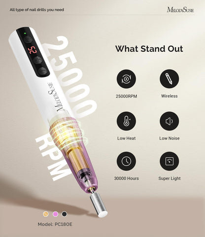 MelodySusie Cordless Nail Drill, PC180E 25,000RPM Rechargeable Eletric Nail File with Nail Drill Bits, Sanding Bands for Home Using