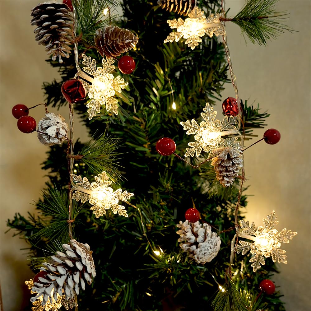 Pine Garland with Lights Christmas Garlands 6.56FT 20 Snow LED Battery Operated Garland with Red Berry and Holiday Pinecones Prelit Lights for Home Windows Fireplace Stairs Christmas Tree Decortions