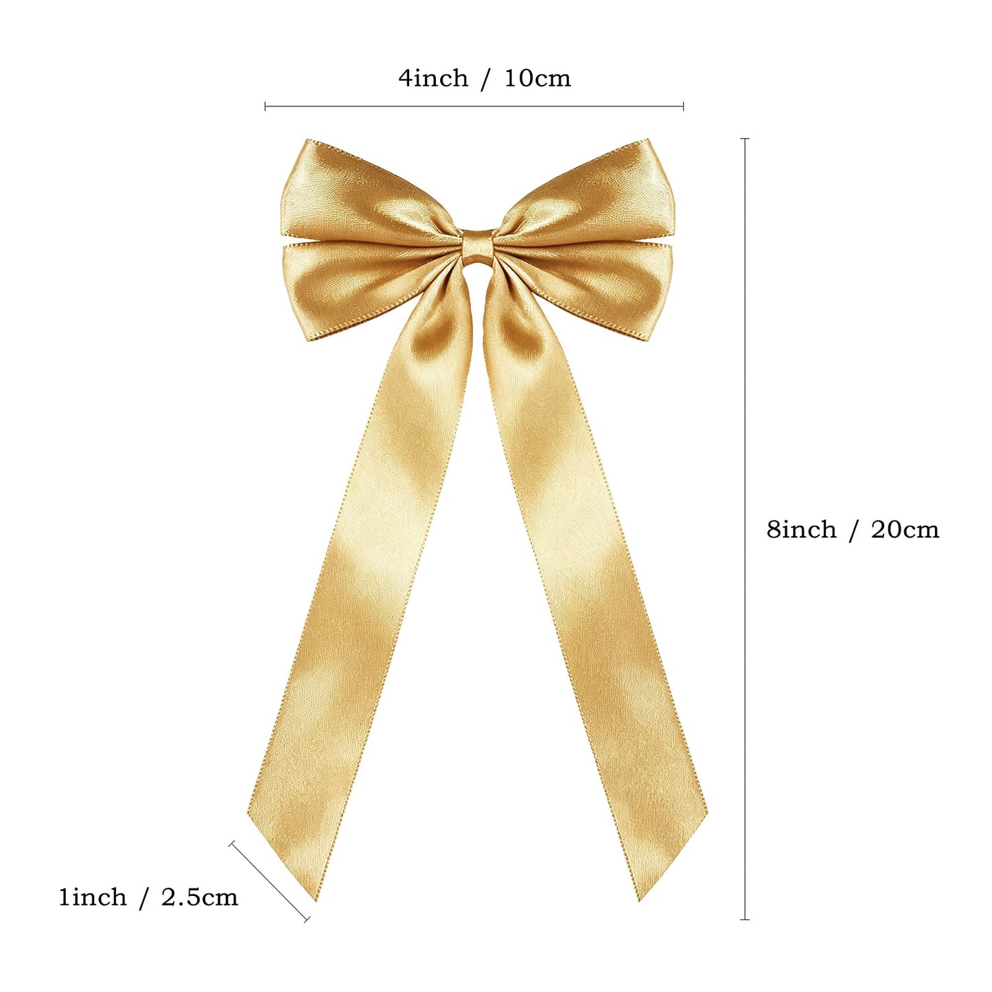 50Pcs Gold Satin Bows for Christmas Tree, 4 x 8 inch Xmas Ornaments with Pre-Made Twist Ties & Self-Adhesive, for Tree Cabinet Front Door Wreath Holiday Home Decor