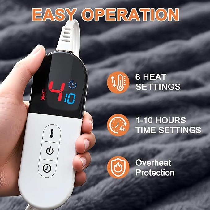 Heated Blanket Electric Throw Blanket 84''X 90''-Heating Blanket with 6 Heat Settings-10 Hours Auto Off,Cozy Faux Rabbit Fur Bubble Electric Blanket,Dark Gray