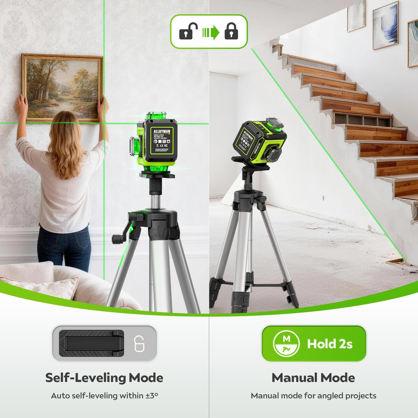 Alloyman Laser Level with Tripod, 4 × 360° Self Leveling Laser Level, Nivel Laser Green Line Lazer Leveler Tool for Picture Hanging, Home Renovation, Indoor Project, 2*Battery&Carrying Bag Included