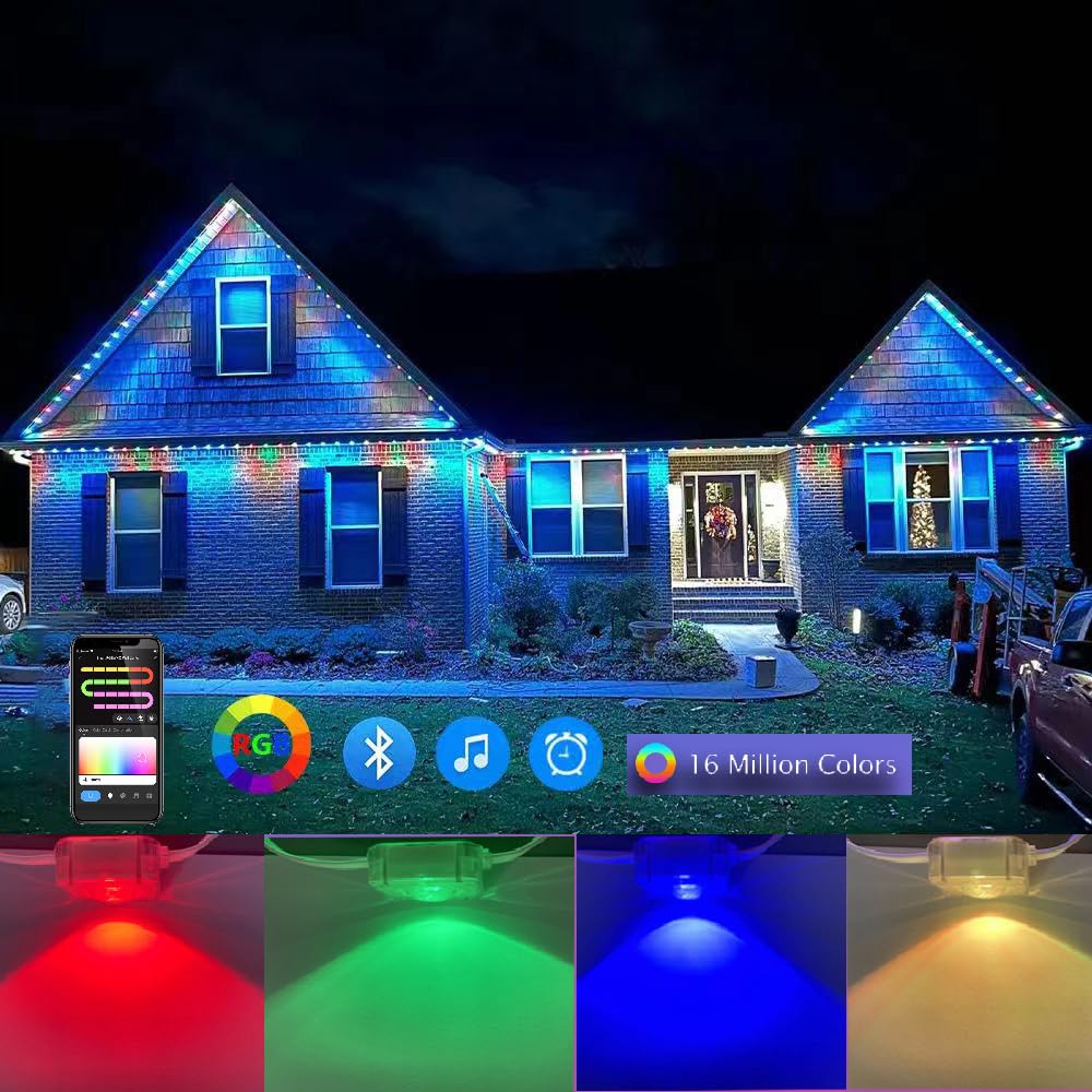 LIANWO100FT RGB Eaves Lights with App & Remote Control, IP67 Waterproof Outdoor Lighting, DIY Scene Modes for Garden, House, Party, Holiday Decor (Permanent Installation)