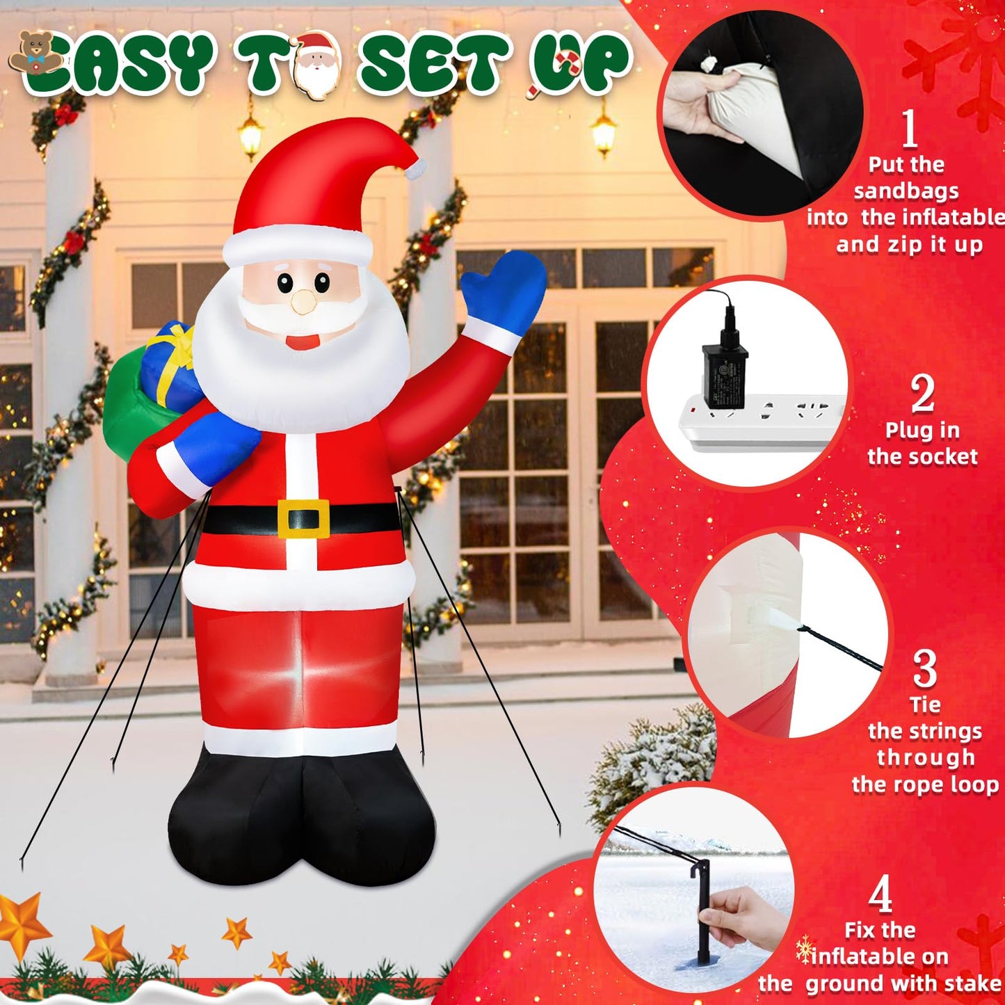 B&D 8FT Christmas Inflatables Santa Claus Outdoor Decorations, Christmas Blow Up Santa Yard Decorations Built-in LED Lights Inflatable Christmas Decorations for Holiday Xmas Party Garden Patio Lawn