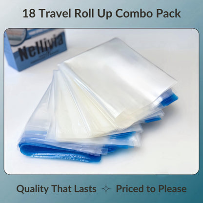 Nellivia 18 Pack Compression Bags for Travel, Roll Up Space Saver Bags for Clothes Storage, Compact Packing travel organizer for Luggage, Suitcase, Backpack, No Pump or Vacuum Needed