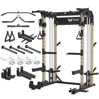 MAJOR FITNESS F22 Power Rack, 1600lbs All-in-One Squat Rack with Cable Crossover, Dual Pulley System, Heavy-Duty Steel Frame, Attachments & Storage for Home Gym Strength Training, Khaki