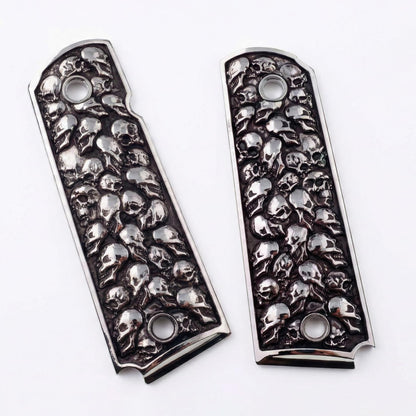 1911 Grips – Aluminum Alloy Pewter Finish Skull Design – Compatible with Colt, Kimber, Springfield, Rock Island, S&W and 1911 Government Model Clones – Full Size Frame, No Ambi Safety
