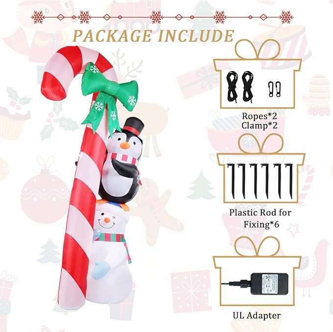MUMTOP 8.6 Ft Tall Christmas Inflatables Outdoor Decorations, Inflatables Candy Cane with Snowman Penguin Christmas Blow up Yard Decorations Built-in LED Lights for Outdoor Party Holiday Decor