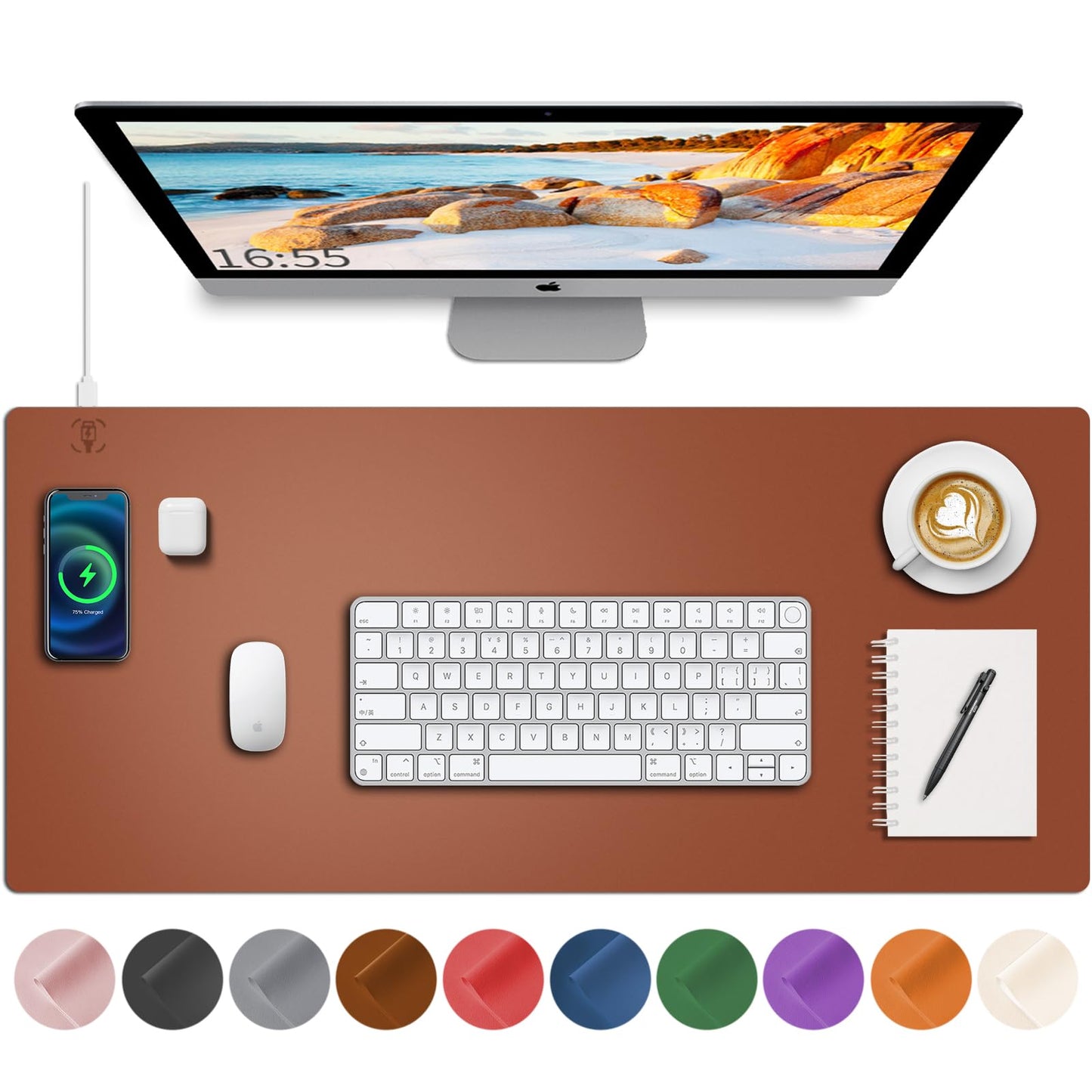 Desk Mat with Wireless Charging, Brown Mouse Pad with Wireless Charger, Desk Pad Matt for Desktop, Mousepad Gaming Large Mouse Pad, Leather Compute for Keyboard and Mouse, 32" x 16"