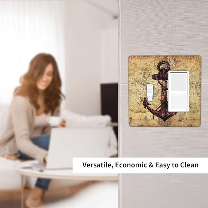 Anchor Nautical Vintage Map 2 Gang Light Switch Covers Single Toggle Rocker Combo Wall Plate Electrical Faceplate Decorative Switchplate for Office Livingroom Home Decor