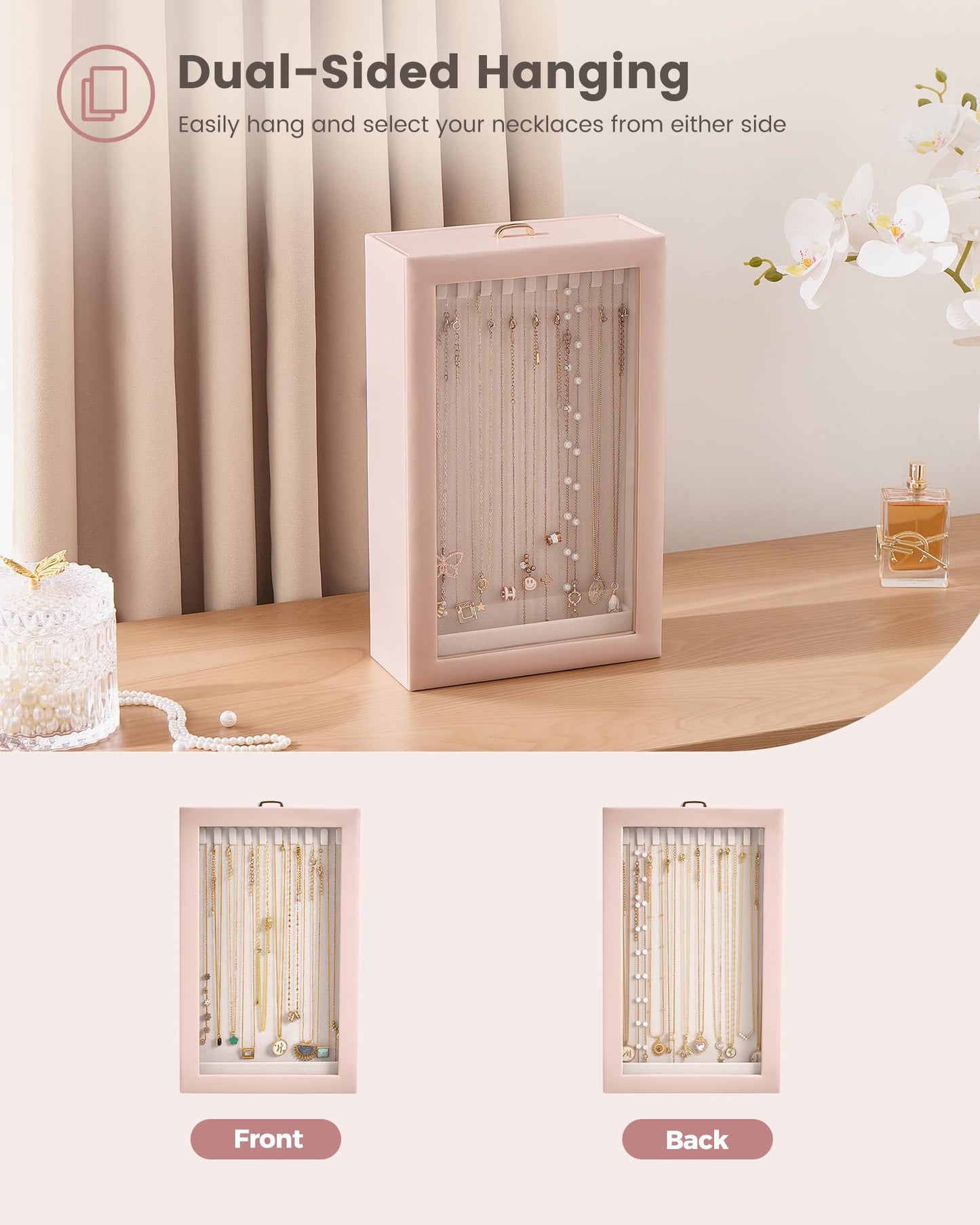 Lolalet Upgraded Double-Sided Hanging Necklace Organizer Box, Jewelry Display Case with Double-Sided Clear Window for Necklaces Bracelets, Tangle-Free Necklace Storage Box, Pink, 1-Layer 20 Hooks