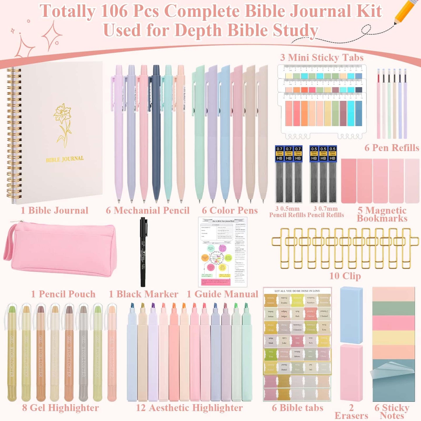 Flasoo 106 Pack Bible Study Supplies Journaling Kit for Women, Church Journal Note Taking Annotation Kit, Tabs and Highlighters Set with Pencil Case and More Bible Accessories Christian Gift