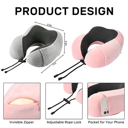 urnexttour Neck Pillow Airplane-2 Pack Memory Foam Travel Pillow, Soft & Support Travel Neck Pillow for Travelling, Sleeping Rest, Car, Train and Home Use (Grey&Pink)
