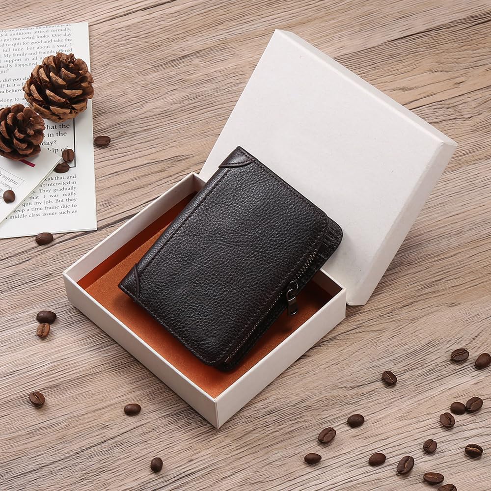 ZYLOXAR Genuine Leather Wallet for Men Zipper RFID Blocking Durable 8 Card Slots 2 ID 2 Cash Compartments High Capacity Organizer (Coffee)