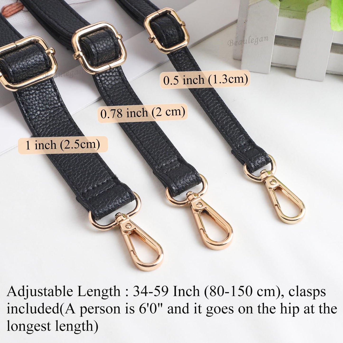 BEAULEGAN Purse Strap Replacement - Full Grain Microfiber Leather - 59 Inch Long Adjustable for Crossbody Shoulder Bag - 1 Inch Wide, Black/Gold