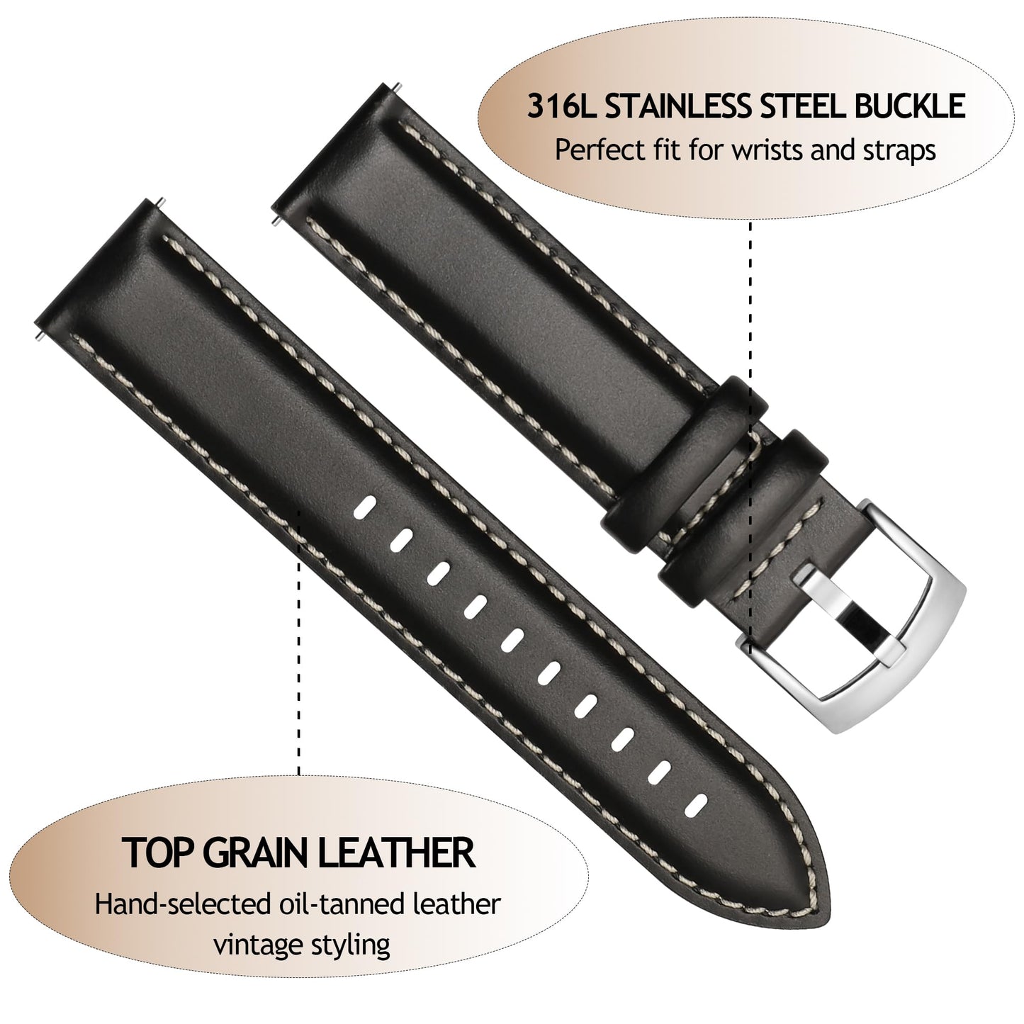 CORROPELLE Leather Watch Bands Quick Release, Elegant Top Grain Leather Watch Straps Band Replacement for Men and Women, Watch and Smartwatch, Choice of Width 18mm 19mm 20mm 21mm 22mm