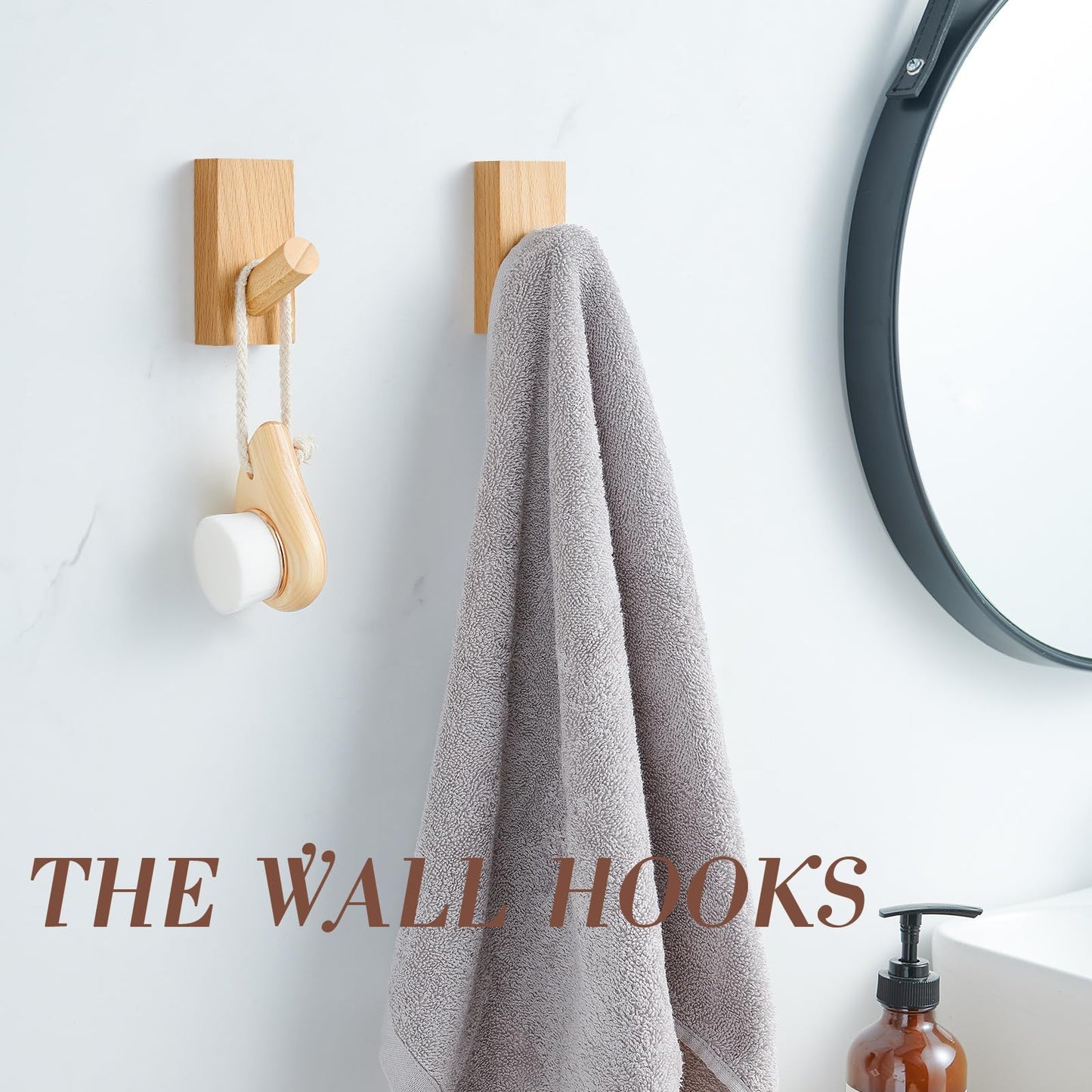 Felidio Natural Wooden Wall Hooks, Adhesive & Screw Mount Coat and Towel Hooks - Decorative Key Holder, Hat Rack, Stocking Wall Hangers for Bathroom Entryway Closet - 6 Pack, Beech Wood